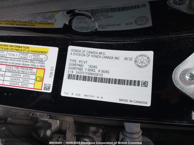 Honda l15b7 2022 2HGFE1F95NH006100 Image 9