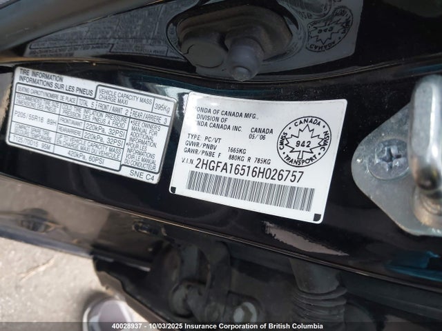 40028937 :رقم المزاد ، 2HGFA16516H026757 vin ، 2006 Honda Civic Lx مزاد بيع