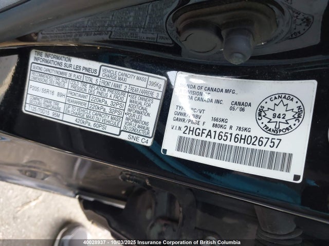 40028937 :رقم المزاد ، 2HGFA16516H026757 vin ، 2006 Honda Civic Lx مزاد بيع