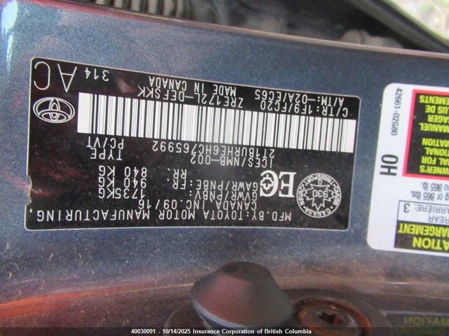 2T1BURHE6HC765992 Toyota 2zr-fe