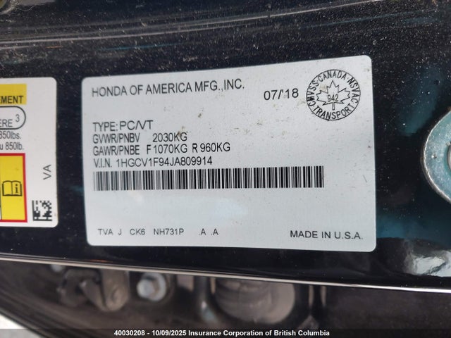 1HGCV1F94JA809914 Honda l15be