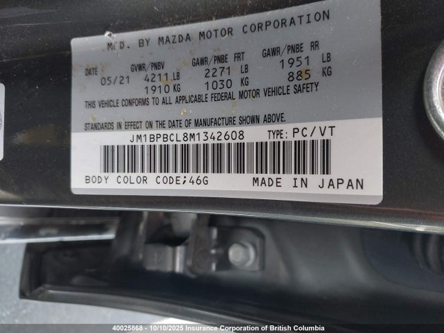 40025868 :رقم المزاد ، JM1BPBCL8M1342608 vin ، 2021 Mazda 3 Preferred مزاد بيع