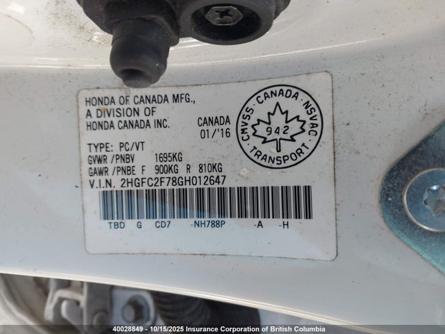 Honda k20c2 2016 2HGFC2F78GH012647 Image 9
