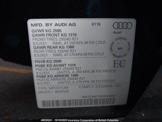 WA1C4AFY2K2043955 Audi 2019