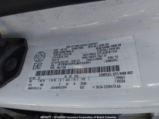 Ford 2.7l-4v 2018 1FTEW1EP3JKF32591 Image 9