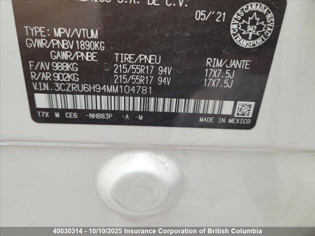 3CZRU6H94MM104781 Honda r18z9