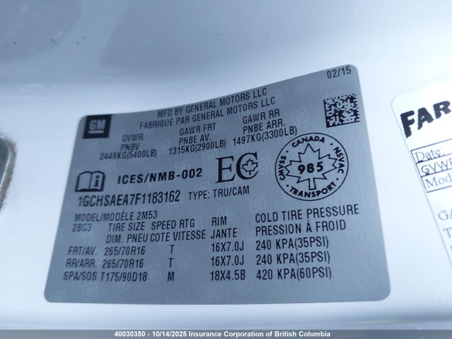 1GCHSAEA7F1183162 Chevrolet lcv - sidi; dcvcp; vvt; e0-e100, alum