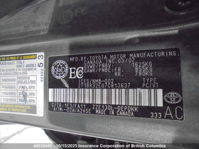 40030495 :رقم المزاد ، 2T1BR32E07C813637 vin ، 2007 Toyota Corolla Ce/le/s مزاد بيع
