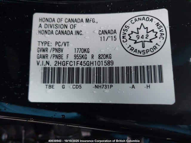 Honda l15b7 2016 2HGFC1F45GH101589 Image 9