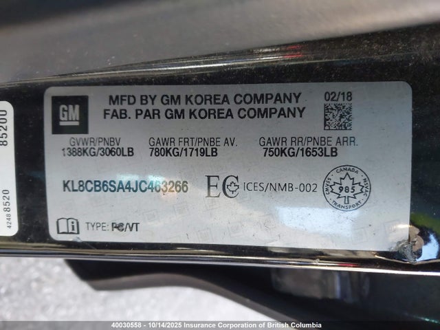 KL8CB6SA4JC463266 Chevrolet lv7 - mfi, variable valve timing, alum, gen 1 var 1