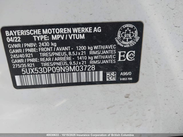 BMW 2022 2022 5UX53DP09N9M03728 Image 9