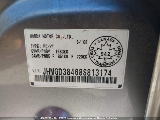 40025225 :رقم المزاد ، JHMGD38468S813174 vin ، 2008 Honda Fit مزاد بيع