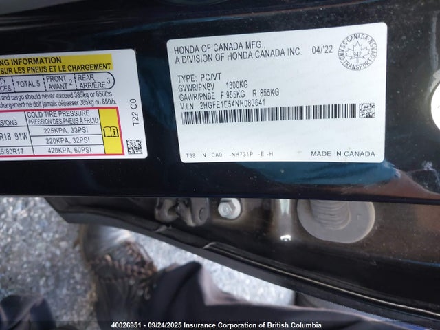 Honda l15ca 2022 2HGFE1E54NH080641 Image 9