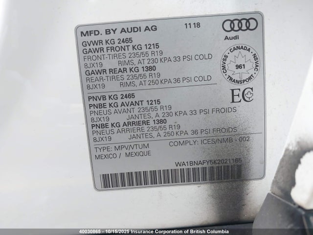 WA1BNAFY5K2021165 Audi 2019