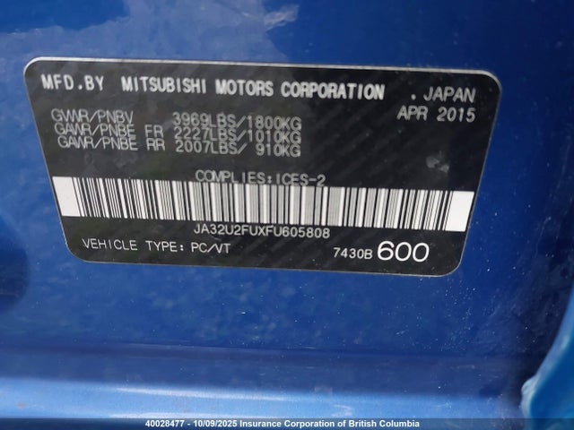 Mitsubishi dohc mivec 2015 JA32U2FUXFU605808 Image 9