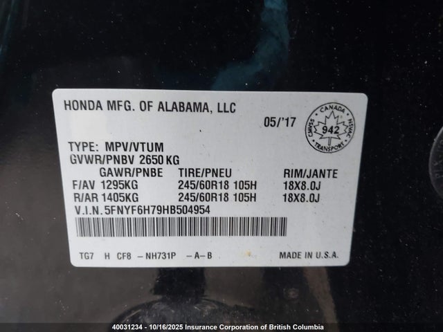 5FNYF6H79HB504954 Honda j35y6