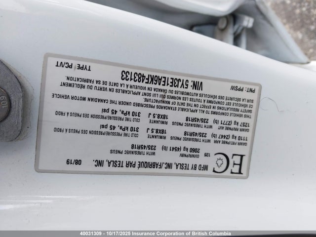 5YJ3E1EA6KF483133 Tesla MODEL 3