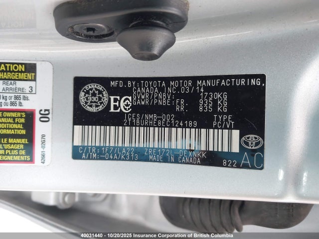 2014 Toyota Corolla L/le/le Pls/prm/s/s Pls მანქანა იყიდება აუქციონზე, vin: 2T1BURHE8EC124189, აუქციონის ნომერი: 40031440