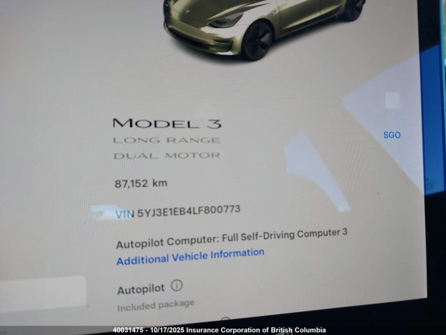 5YJ3E1EB4LF800773 Tesla MODEL 3