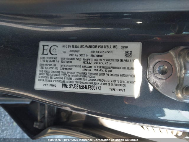 5YJ3E1EB4LF800773 Tesla MODEL 3