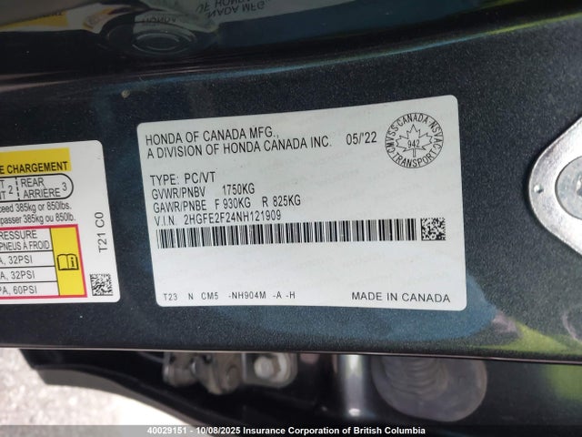 40029151 :رقم المزاد ، 2HGFE2F24NH121909 vin ، 2022 Honda Civic Lx مزاد بيع