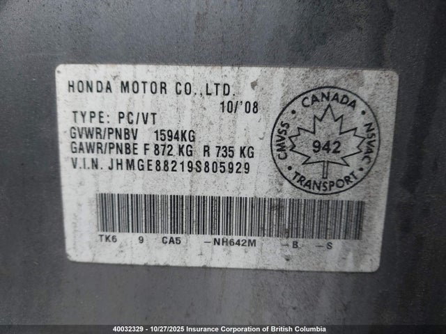 40032329 :رقم المزاد ، JHMGE88219S805929 vin ، 2009 Honda Fit مزاد بيع