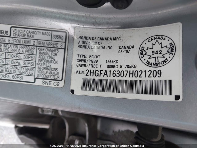 2007 Honda Civic მანქანა იყიდება აუქციონზე, vin: 2HGFA16307H021209, აუქციონის ნომერი: 40032606