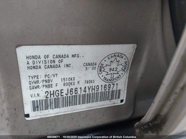 Продаж на аукціоні авто 2000 Honda Civic Se, vin: 2HGEJ6614YH916971, номер лоту: 40026671