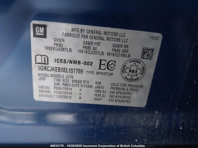 Auction sale of the 2014 Chevrolet Trax, vin: 3GNCJKEB0EL157769, lot number: 40033170