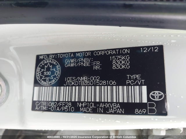 40033885 :رقم المزاد ، JTDKDTB35D1528106 vin ، 2013 Toyota Prius مزاد بيع