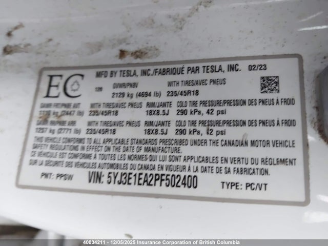 5YJ3E1EA2PF502400 Tesla MODEL 3