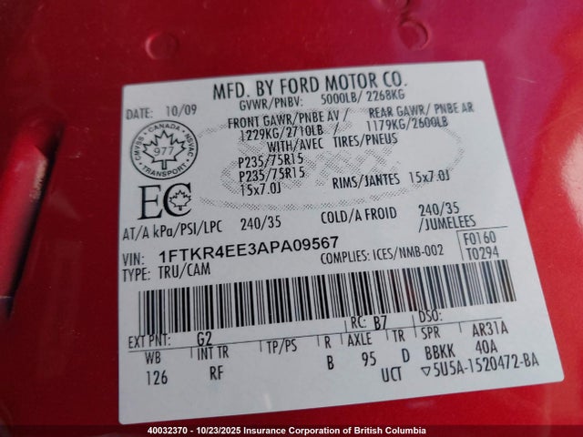 Aukcja sprzedaży 2010 Ford Ranger Super Cab, vin: 1FTKR4EE3APA09567, numer aukcji: 40032370