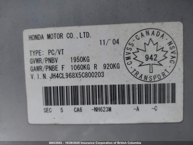 40033043 :رقم المزاد ، JH4CL968X5C800203 vin ، 2005 Acura Tsx مزاد بيع