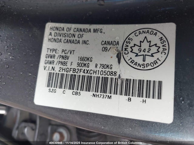 Aukcja sprzedaży 2012 Honda Civic Lx, vin: 2HGFB2F4XCH105088, numer aukcji: 40030945
