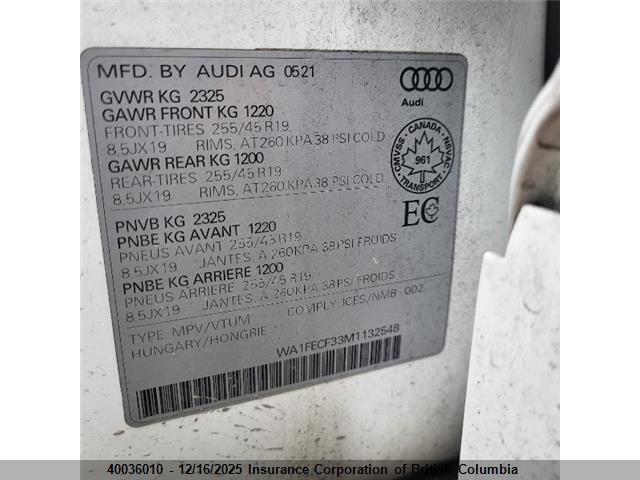 40036010 :رقم المزاد ، WA1FECF33M1132548 vin ، 2021 Audi Q3 مزاد بيع