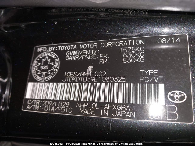 2014 Toyota Prius C მანქანა იყიდება აუქციონზე, vin: JTDKDTB39E1080325, აუქციონის ნომერი: 40035212