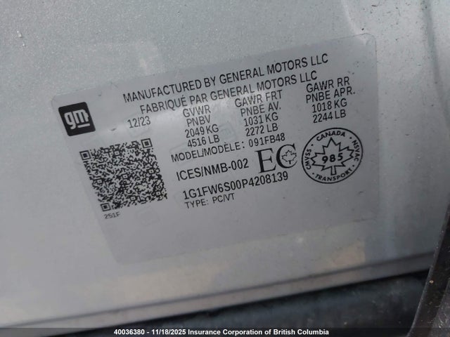 1G1FW6S00P4208139 Chevrolet BOLT EV