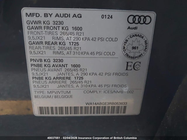 Aukcja sprzedaży 2024 Audi Q8, vin: WA14ABGE3RB053833, numer aukcji: 40037051
