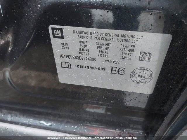 Aukcja sprzedaży 2013 Chevrolet Cruze, vin: 1G1PC5SB3D7274803, numer aukcji: 40037598