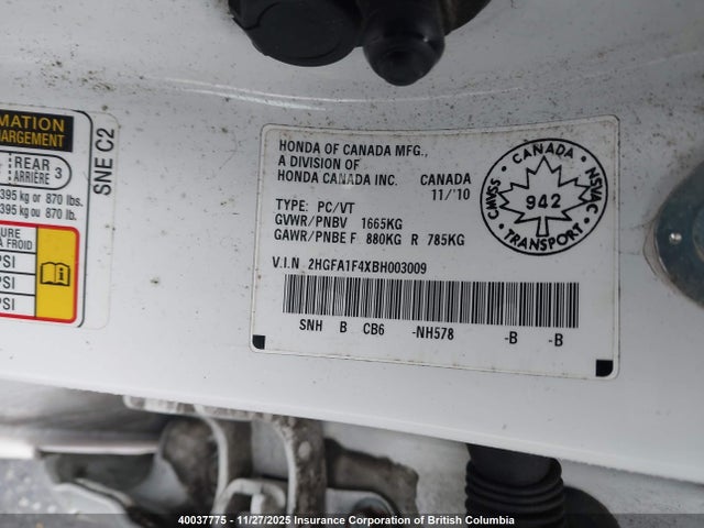 Aukcja sprzedaży 2011 Honda Civic, vin: 2HGFA1F4XBH003009, numer aukcji: 40037775