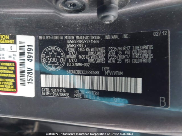 Aukcja sprzedaży 2012 Toyota Sienna Le, vin: 5TDKK3DCXCS230588, numer aukcji: 40038077