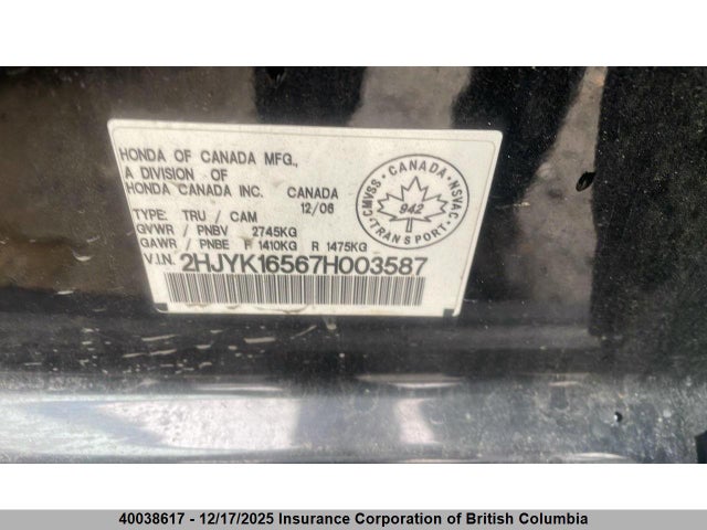 40038617 :رقم المزاد ، 2HJYK16567H003587 vin ، 2007 Honda Ridgeline Rtl مزاد بيع