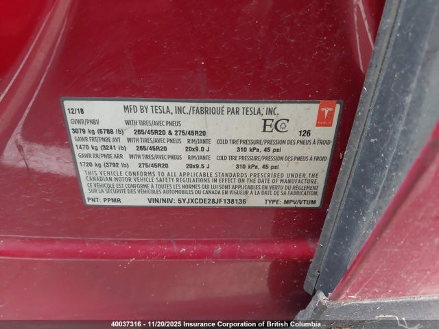 5YJXCDE28JF138136 Tesla MODEL X
