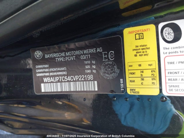 40034443 :رقم المزاد ، WBAUP7C54CVP22198 vin ، 2012 Bmw 128 I مزاد بيع