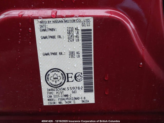 Продажа на аукционе авто 2022 Nissan Leaf, vin: 1N4BZ1CV5NC559762, номер лота: 40041426