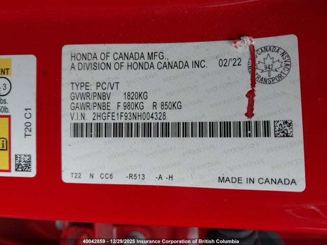 2022 Honda Civic მანქანა იყიდება აუქციონზე, vin: 2HGFE1F93NH004328, აუქციონის ნომერი: 40042859
