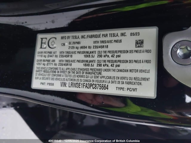 LRW3E1FA3PC875664 Tesla MODEL 3