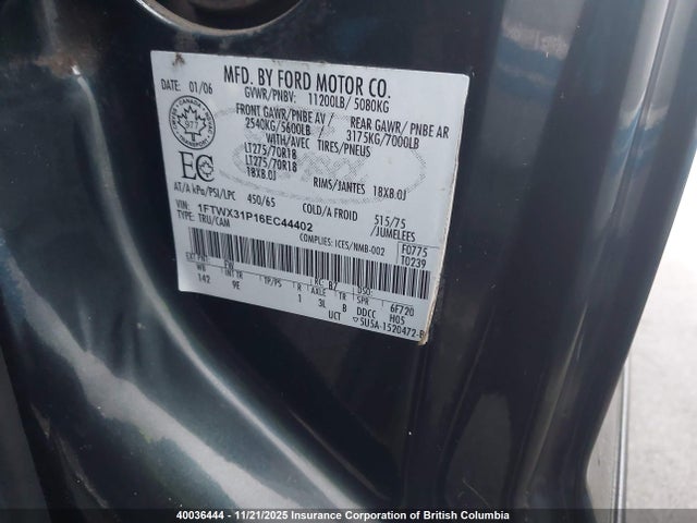 Aukcja sprzedaży 2006 Ford F350 Srw Super Duty, vin: 1FTWX31P16EC44402, numer aukcji: 40036444