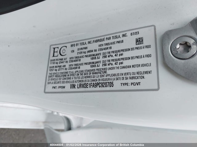LRW3E1FA9PC920705 Tesla MODEL 3