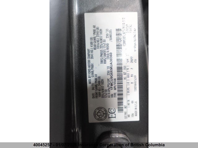 40045257 :رقم المزاد ، 1FMCU9G6XMUA30360 vin ، 2021 Ford Escape Se مزاد بيع
